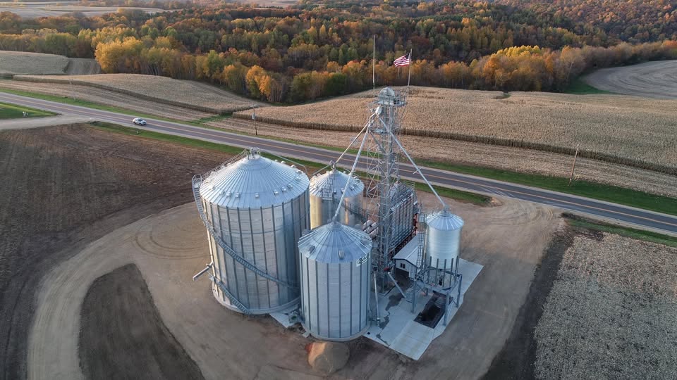 Aerial view of Schmitt Family Inc farm and grain bins